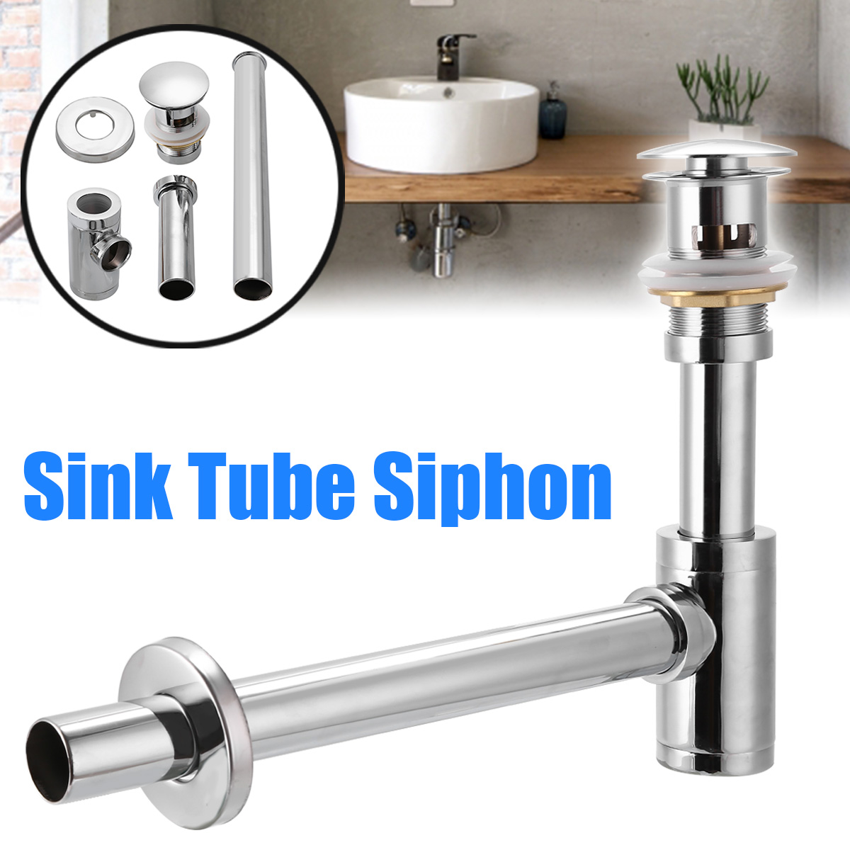 Siphon Push Up Drain Valve Kit With Overflow Sink For Bathroom