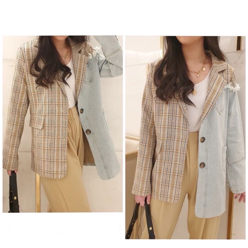 Blazer Drama Korea Kotak-kotak Jeans // Baju Atasan Outer Blazer Korean Style Import Bangkok Premium