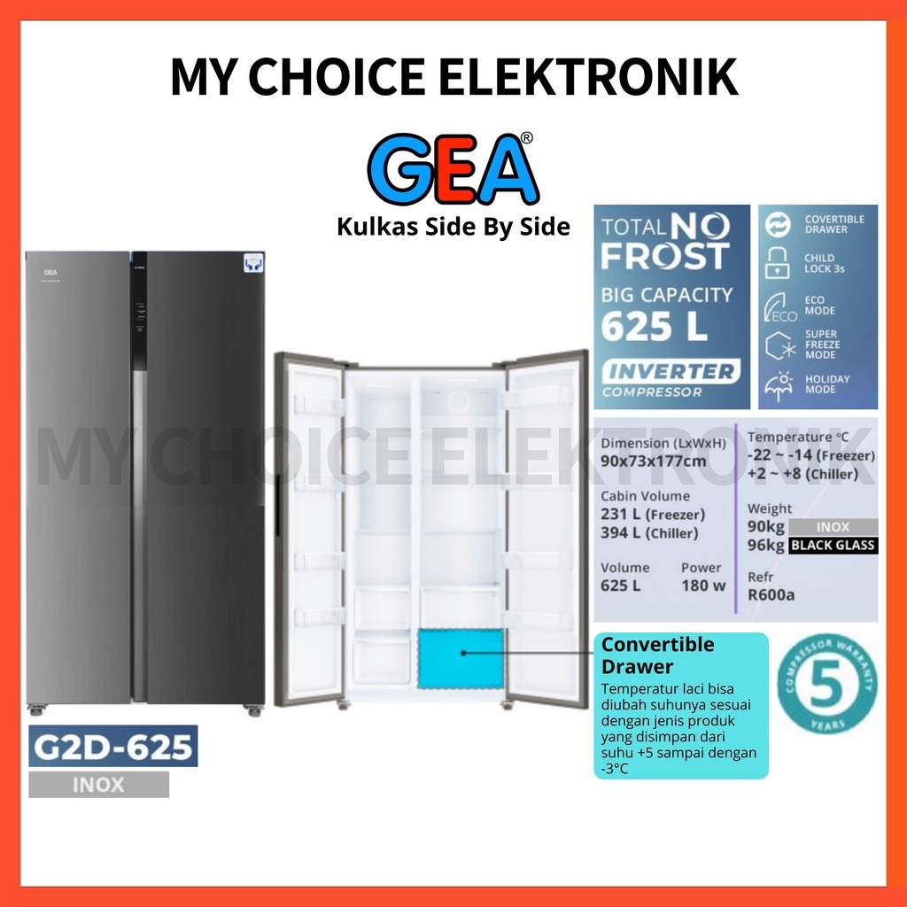 GEA Kulkas Side By Side Inverter G2D 625 INOX | Refrigerator