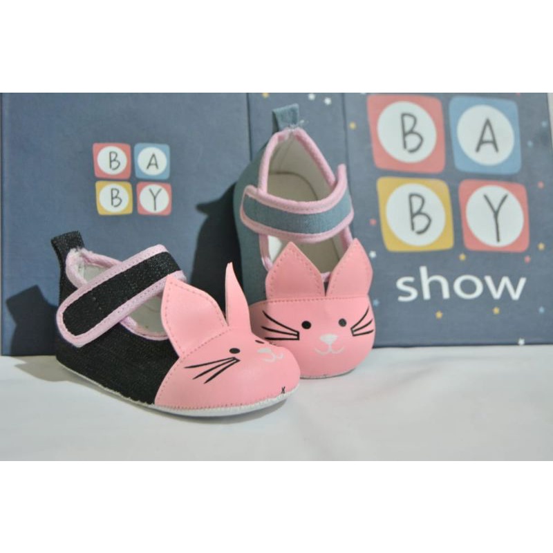 sepatu bayi prewalker denim motif kucing pink