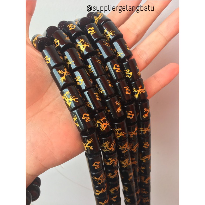 tabung 12mm batu naga black onyx dragon gold lucky hoki kebijaksanaan aksesoris fashion bahan craft