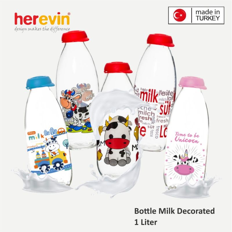 Herevin Botol Air Kulkas Tempat Minum Susu Kaca Anak Transparan Motif Karakter Lucu Unik 1 Liter
