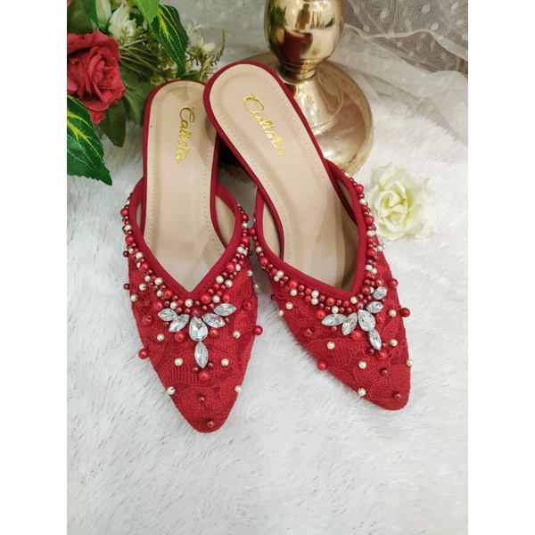 Calista Merah, Navy Eksklusif heels 5cm |Selop pengantin wanita |Selop wisuda|Selop pengantin murah|