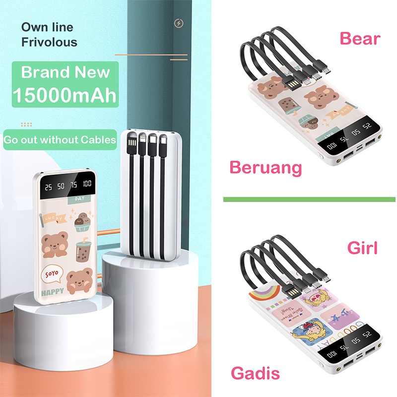 PowerBank 15000mAh Fast Charging Power Bank LED Digital Display Portable Mini PowerBank Built in Cable 5in1 Type C USB Lightning Micro