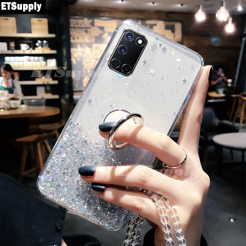 ETS untuk Samsung Galaxy A31 Shiny Glitter Ring Case Soft Transparan Holder Stand Casing Dengan Stri