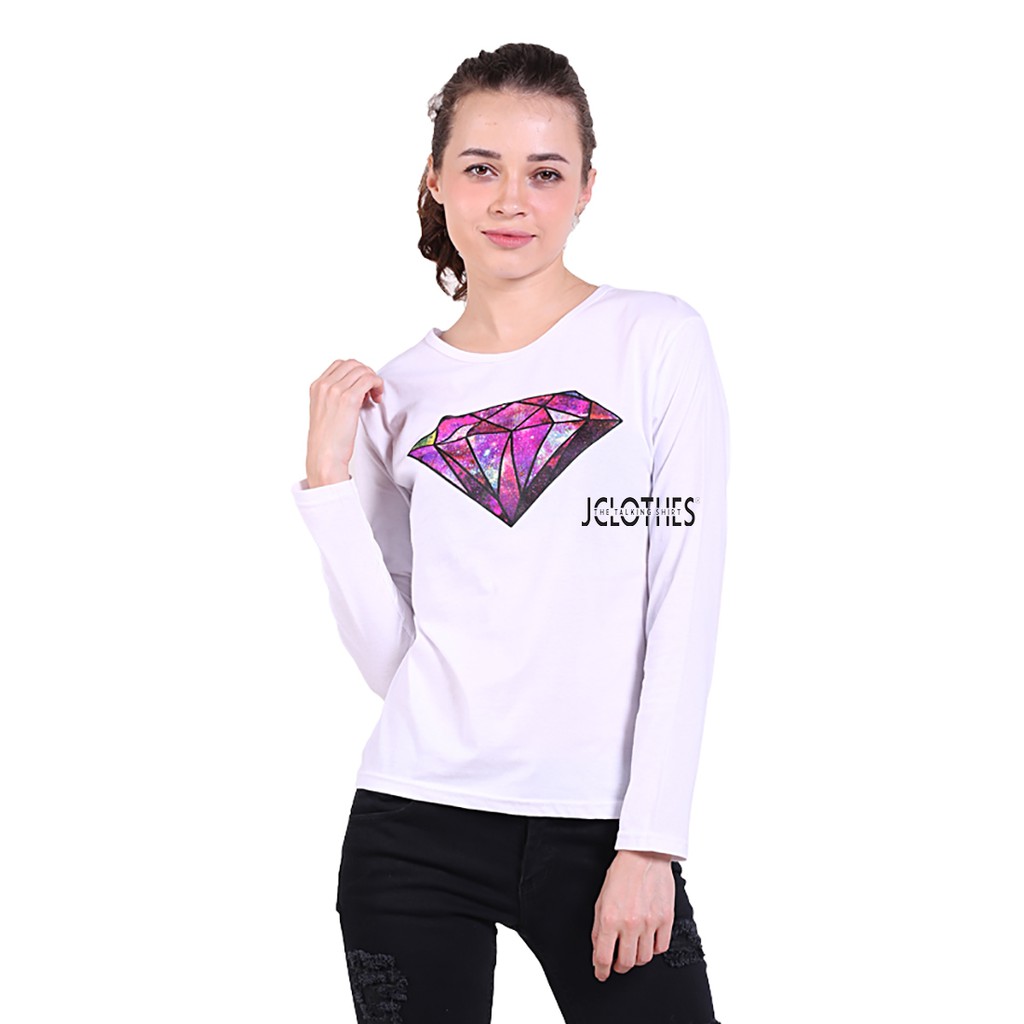 Kaos Wanita / Kaos Cewe / T-Shirt Wanita Lengan Panjang Diamond - Putih
