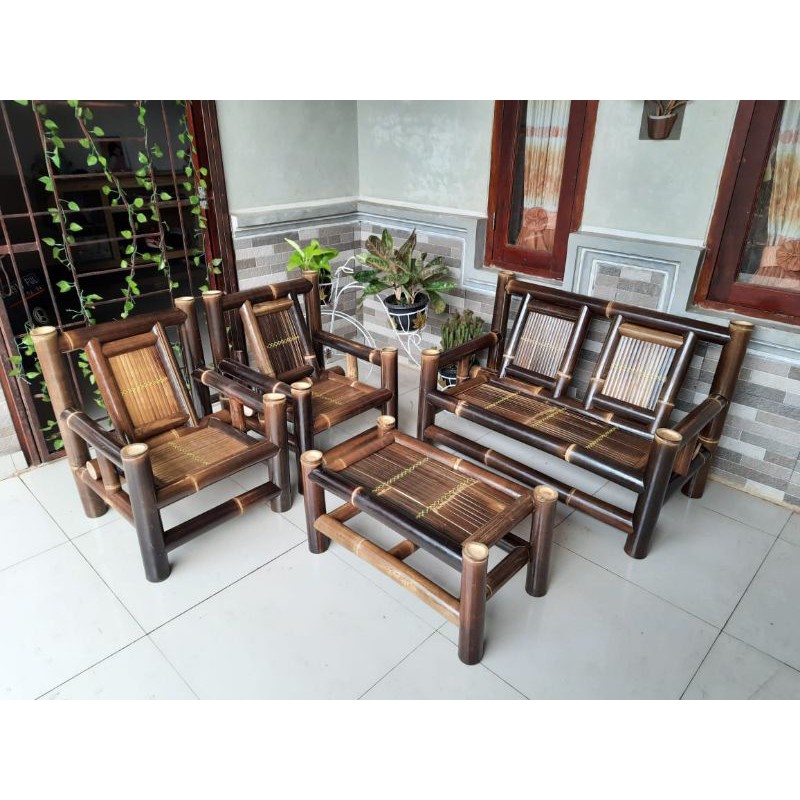  kursi  bambu  hitam teras bangku bambu  harga termurah 1 set 