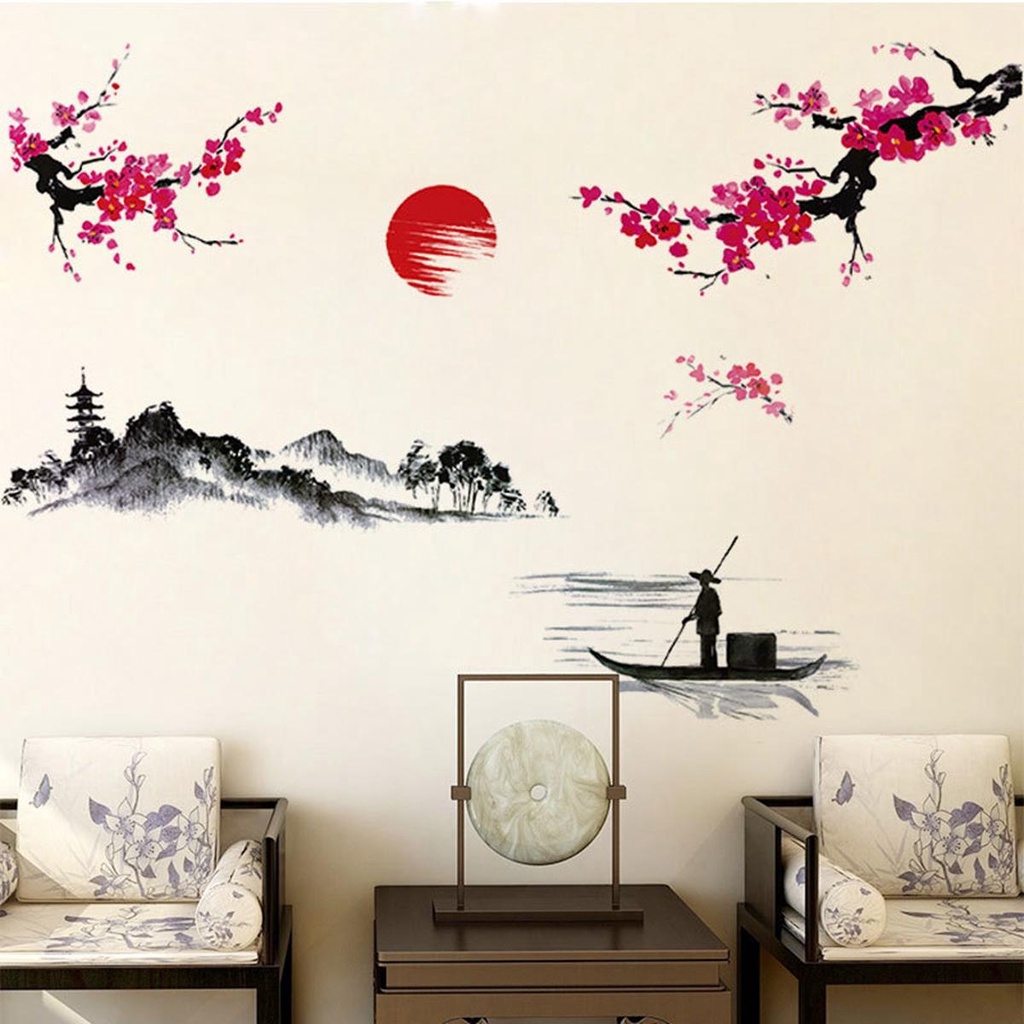 [Elegan] Stiker Dinding Pemandangan Gaya Cina Latar Belakang Removable Ruang Tamu Kamar Tidur Mural