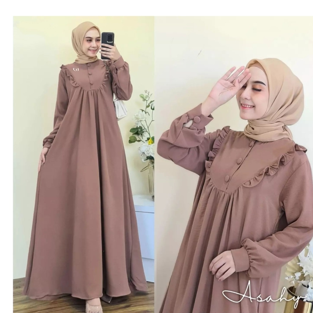 Asahy Dress Gamis Wanita  Kancing Depan Busui Aksen Rempel Bagian Dada Model lengan Balon Bahan Crincle Ukuran Jumbo XL-XXL