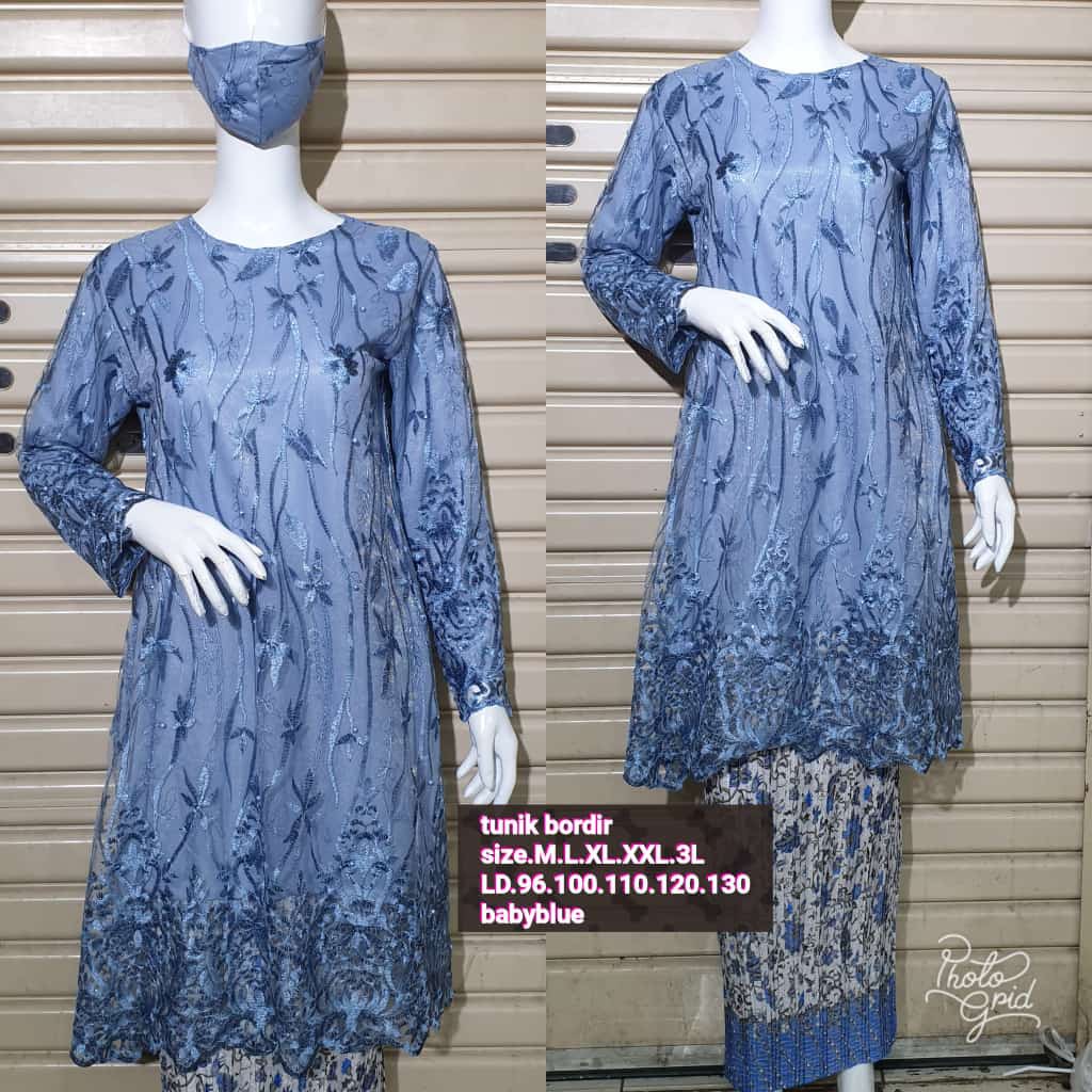 Setelan Kebaya Modern Tunik Tulle Bordir Bunga Rambat / Kebaya Wisuda/Baby Blue