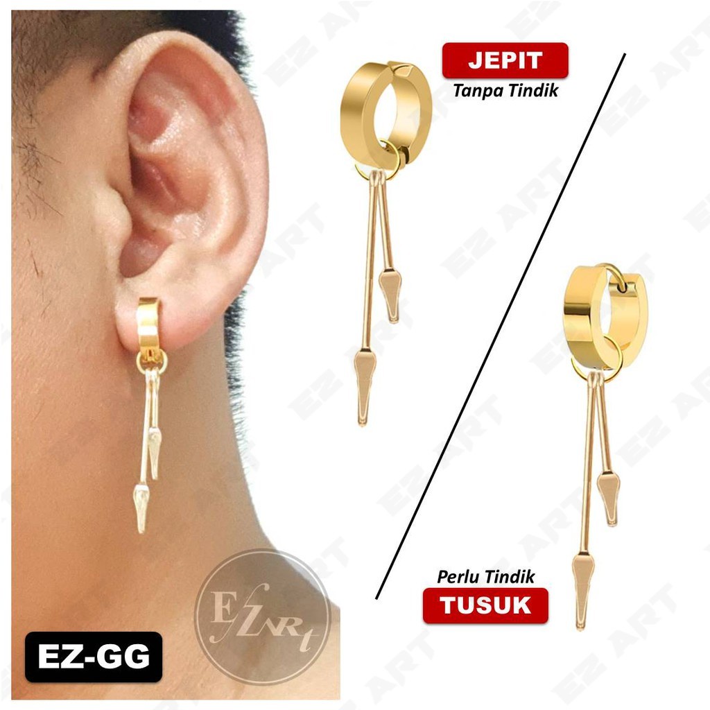 Per Buah EZ-GG ANTING JEPIT TUSUK PRIA WANITA MODEL RUMBAI TOMBAK GANDA STAINLESS PUNK KOREA