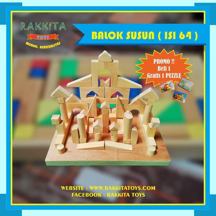 Mainan Edukasi Balok Susun isi 64 Natural Kayu