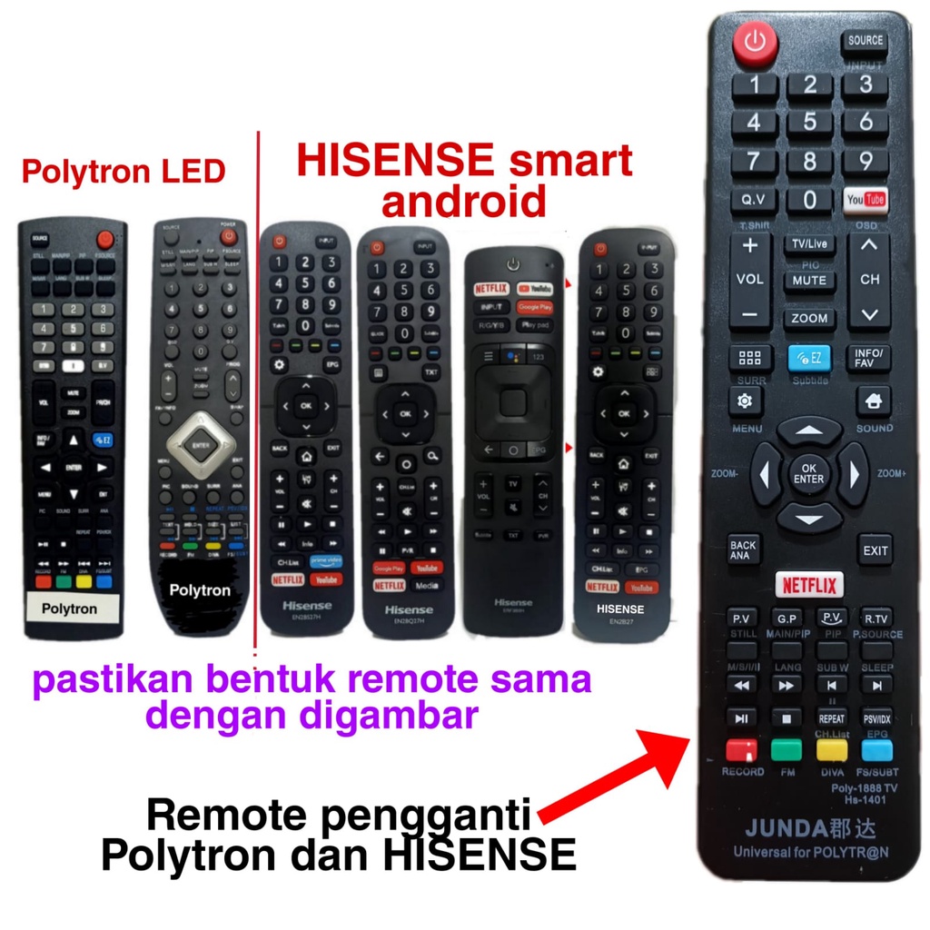 Remote JUNDA POLY 1888 New Remot pengganti untuk Smart TV Android Polytron
