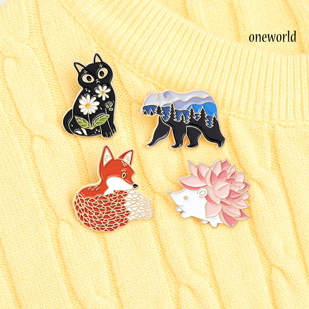 OW@ 4Pcs Animal Badge Fox Cartoon Flowers Design Cartoon Animal Japanese Style Enamel Brooch for Birthday Gifts