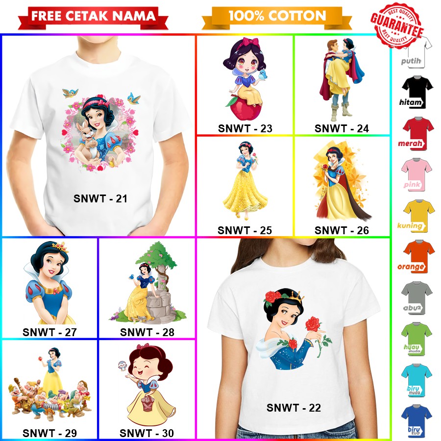 [FREE NAMA!!] Baju Kaos ANAK DAN DEWASA SNOW WHITE BANYAK MOTIF