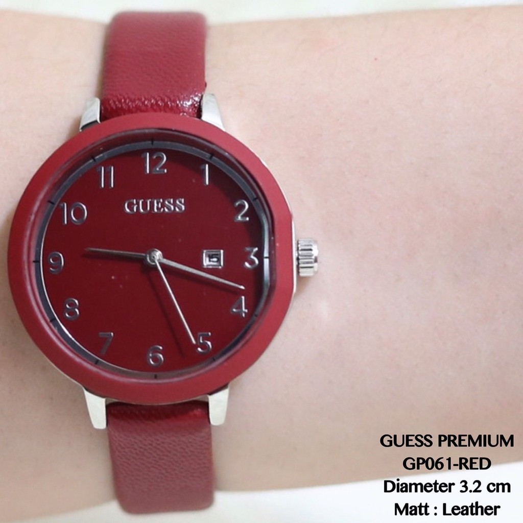 Jam tangan wanita guess premium tanggal aktif tali kulit leather flash sale termurah GP061