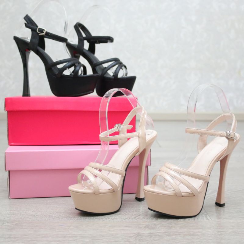 YKshoes 1598 strappy heels 15cm shoes import black cream sepatu hak tali tinggi stiletto glossy-3
