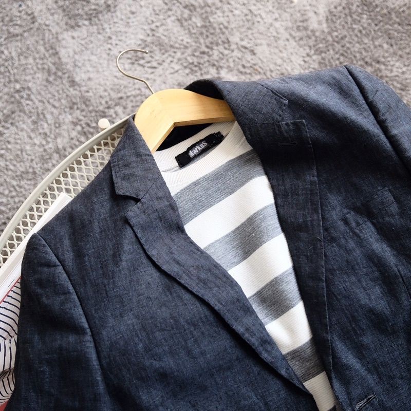 Jas Pria Blazer Pria HnM Dark Navy Original H&M BLAZER LINEN DARKNAVY SLIMFIT Original