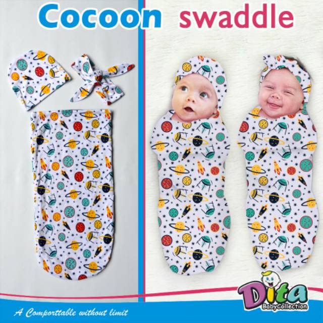 SNI DITA MOONSCARE (1 LAPIS BEDONG COCOON) Bedong Cocoon Motif DITA Swaddle 1 lapis motif Bonus bandana dan Topi