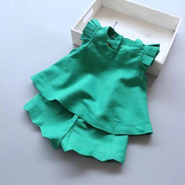 GA2636 MELDA SET GREEN SETELAN BAJU CELANA PENDEK ANAK PEREMPUAN IMPORT KOREA MURAH HIJAU LUCU KEREN