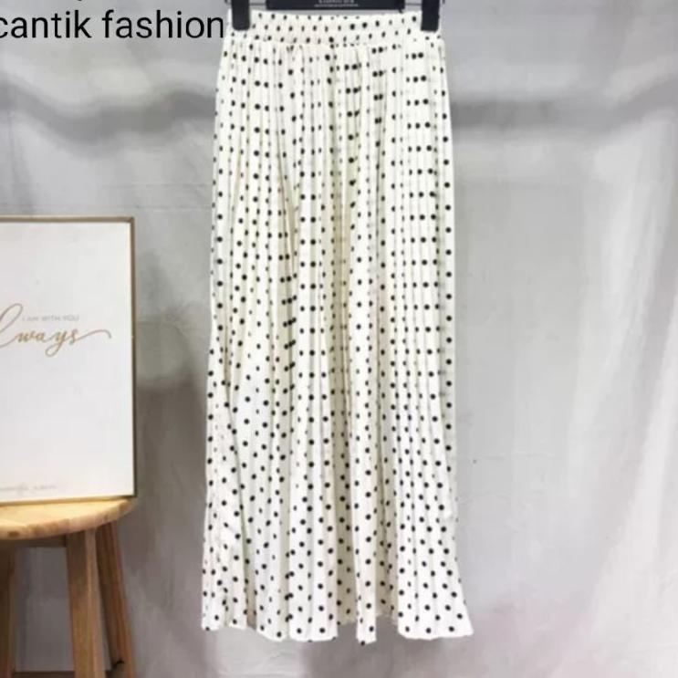 Rok Plisket Polkadot/Fashion Rok Maxi Wanita Kantor Vintage Berlipat Pinggang Tinggi Elegan Musim Pa