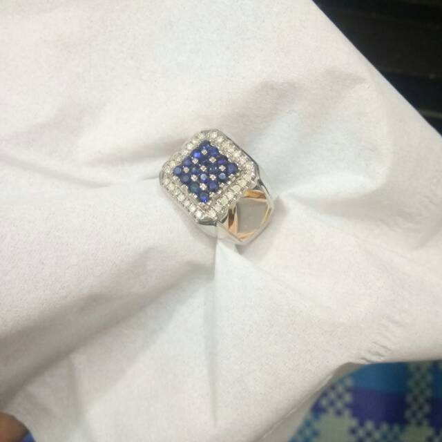 Cincin berlian pria mata utama blue safir 9pcs keliling berlian eropa ring perak ringsize 19/20