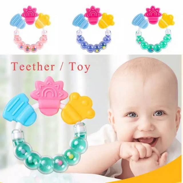 Mainan gigitan karet teether genggam bunyi