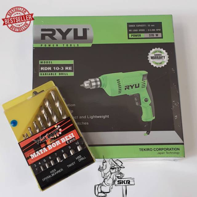 mesin bor tekiro ryu 10mm+mata bor besi 8pcs wellup