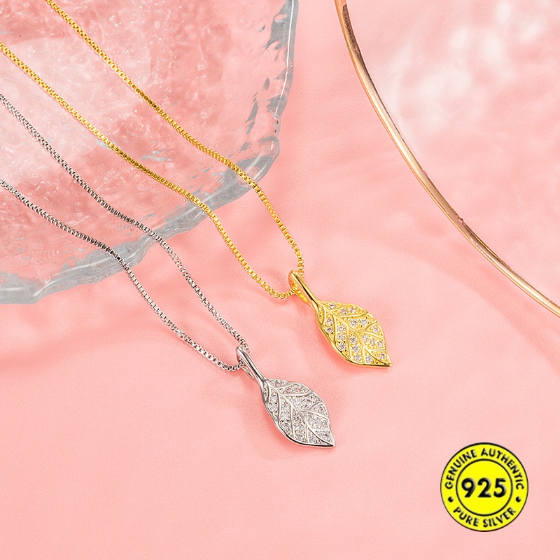 Kalung Rantai Sterling Silver 925 Dengan Liontin Daun Hias Berlian Imitasi Untuk Wanita