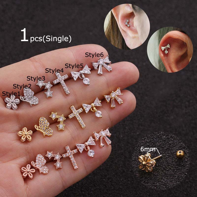 1piece Pinna Daith Tragus Cartilage Earrings 6mm Length Stainless Steel with Zircon