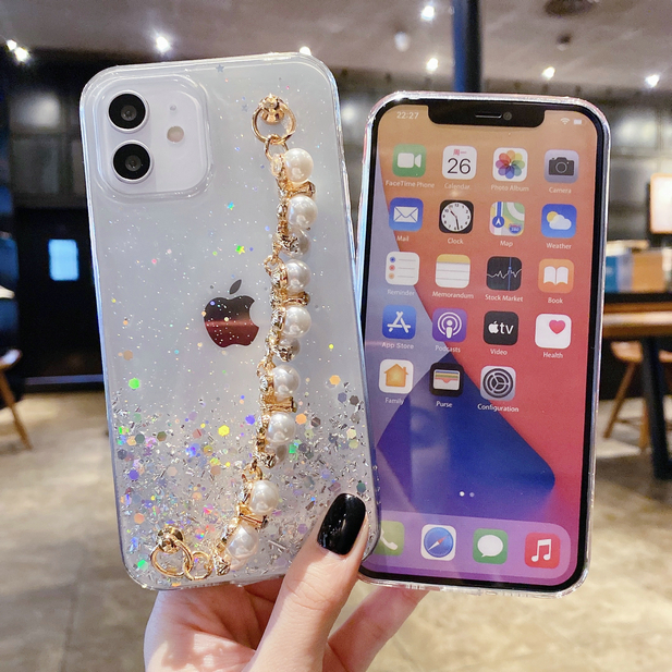 Soft Case Transparan Aksen Gelang Mutiara Berlian Untuk Iphone 11 12 Pro Max Xs X Xr 7 8 Plus 7 + 8 + Se 2020