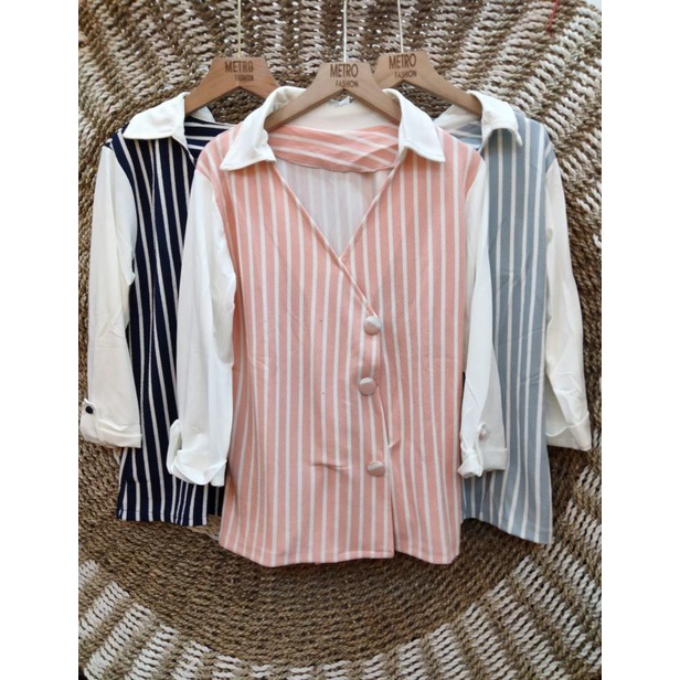 baju Blouse wanita tangan 7/8 motif salur ada 3 wrna ( abu,navy,pitc) modis elegant