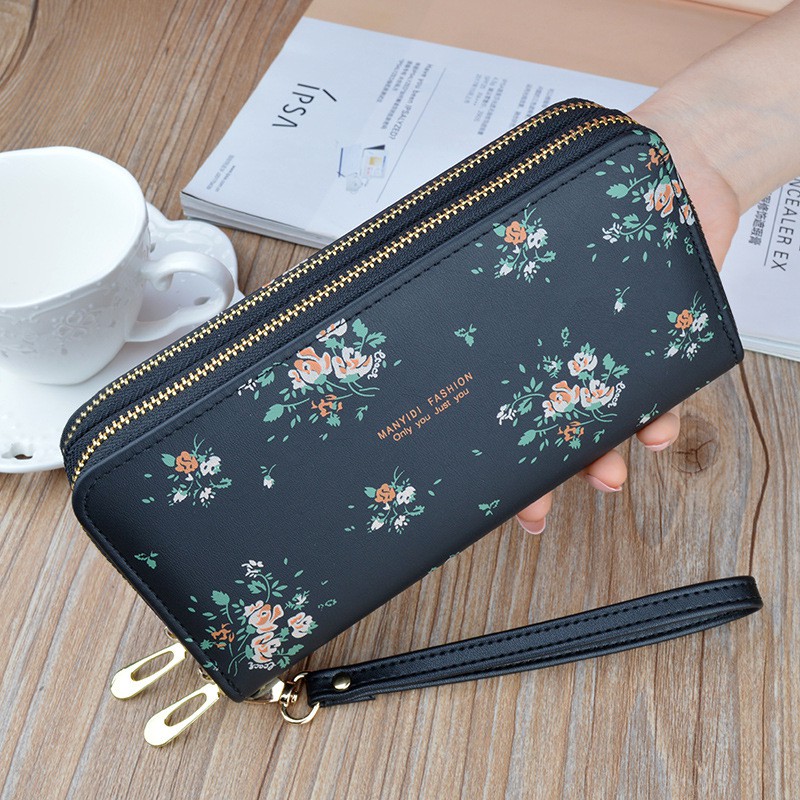  DOMPET  WANITA 2 RESLETING  PREMIUM HITAM KULIT BUNGA IMPORT 