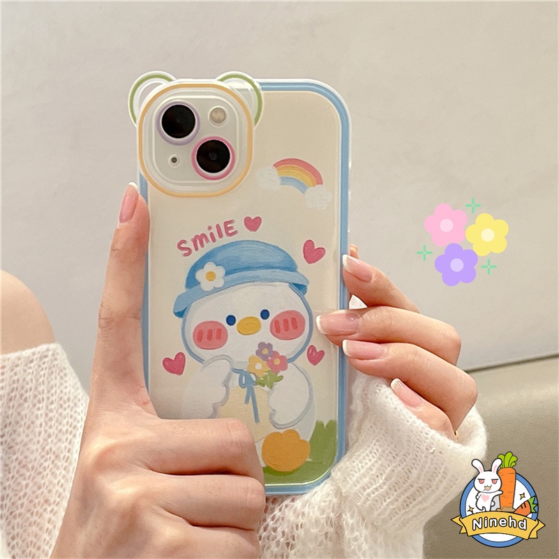 Soft Case Silikon Motif Bebek Beruang Putih Untuk Compatible for iPhone 14 13 12 11 Pro Max X Xr Xs Max iPhone 8 7 6 6s Plus SE 2020 White Duck Phone Case Bear Frame Full Cover Soft Silicone Shockproof Phone Protective Cover