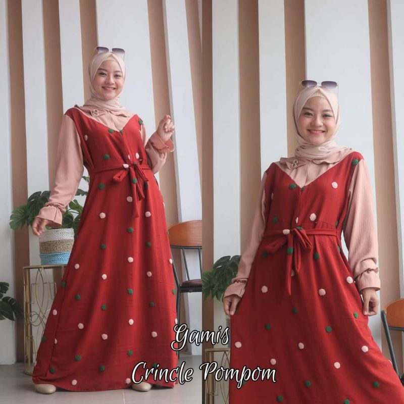 gamis pompom jaguar premium/gamis cringkel pompom/gamis terbaru