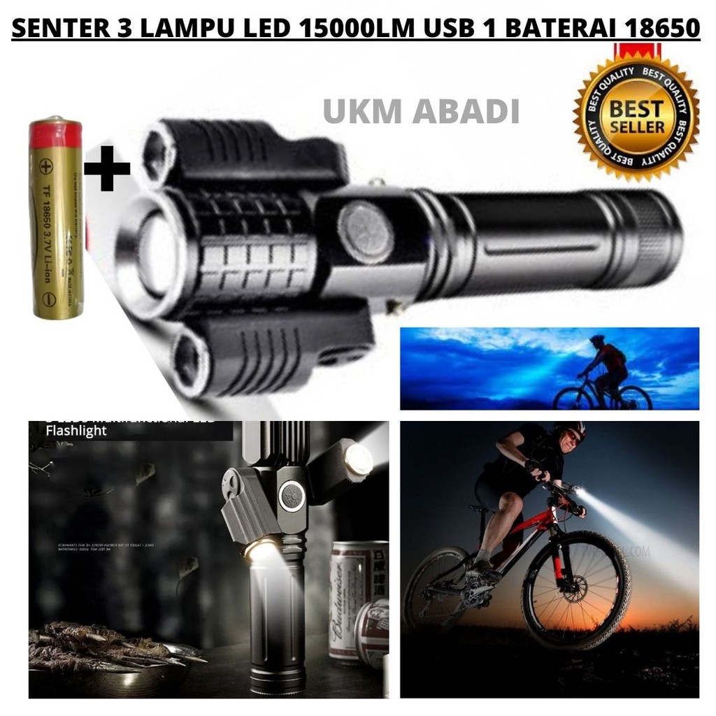 Senter LED 3 Lampu 15000Lmn Rotating Zoom 1 Baterai 18650 KS738 111107