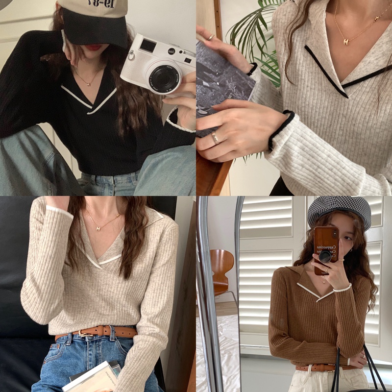 Knitwear Atasan Polos Wanita Lengan Panjang Sweater Rajut Korea