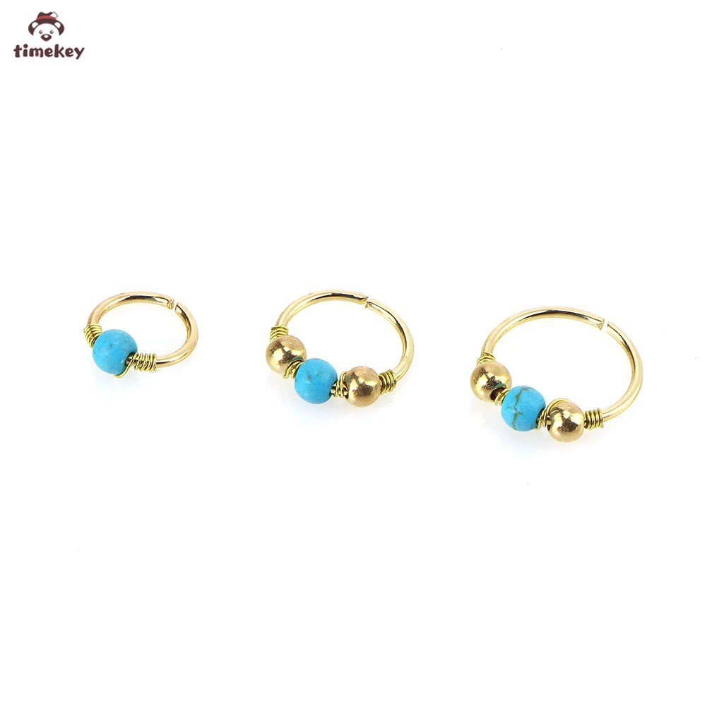 【TK】Blue Turquoise Round Beads Nose Ring Stud Earring Nostril Hoop Women Jewelry