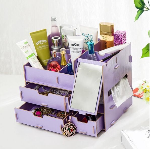 Rak Kosmetik Bahan Kayu (Bercermin Dan Kotak Tissue ) Desktop Storage Ukuran Besar