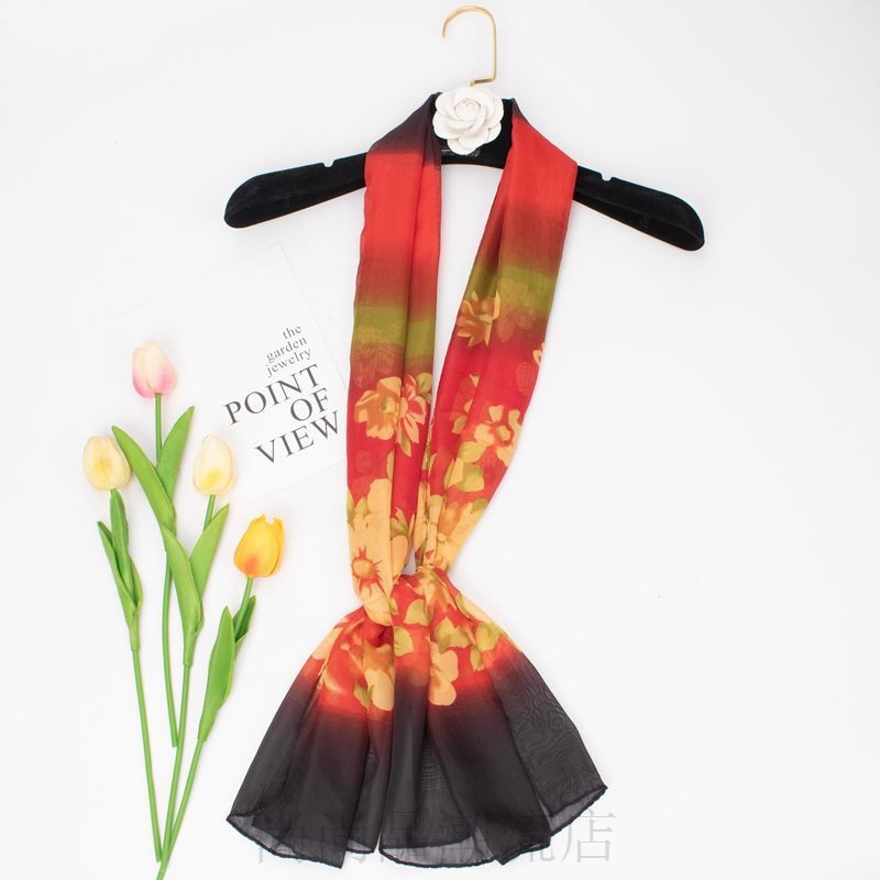 Dicetak syal sutra sifon perempuan panjang dekoratif kasa leher lembut pelindung tabir surya selend