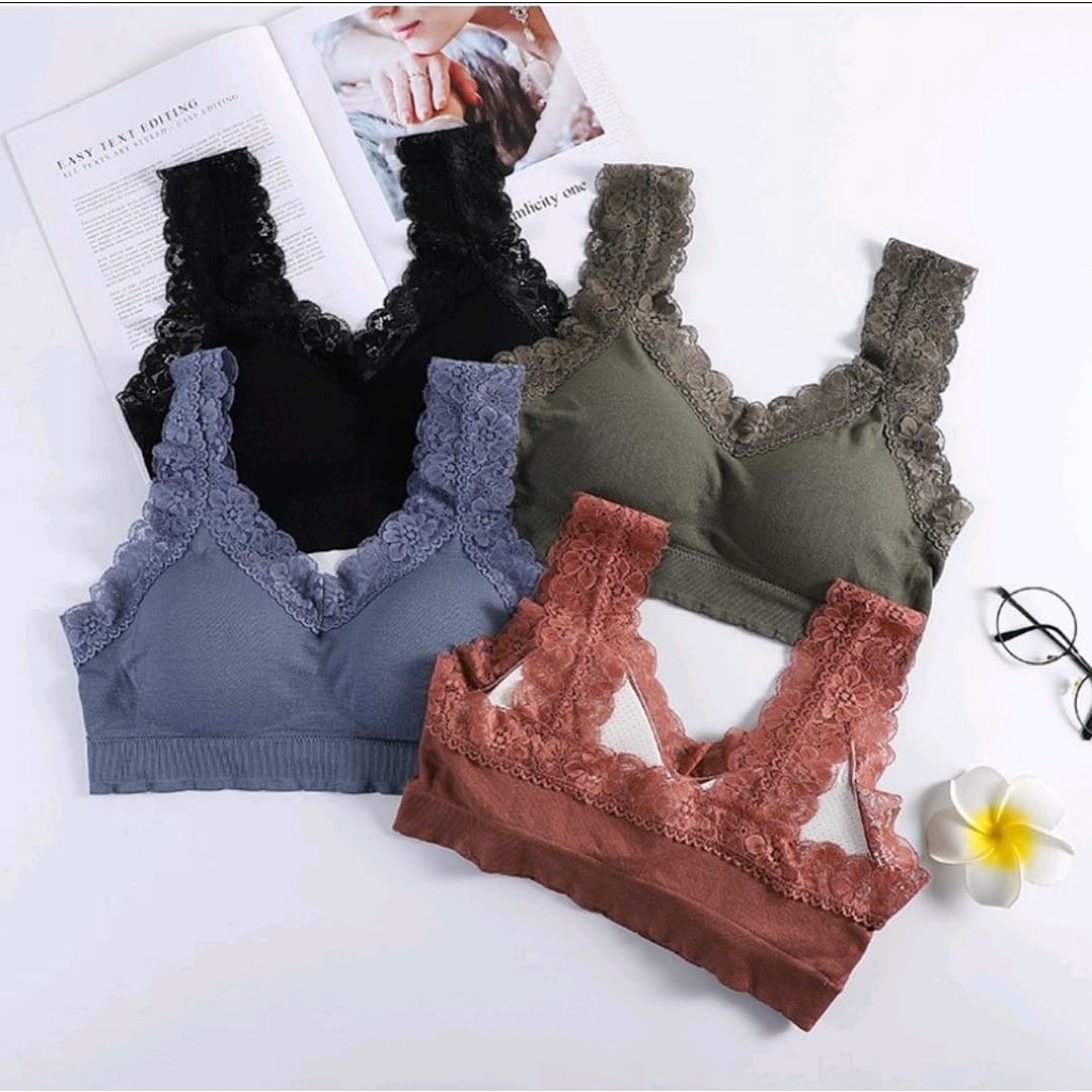 Bra Bralette V Neck Bh Wanita Dengan Strap Renda Seamless Tanpa Kawat