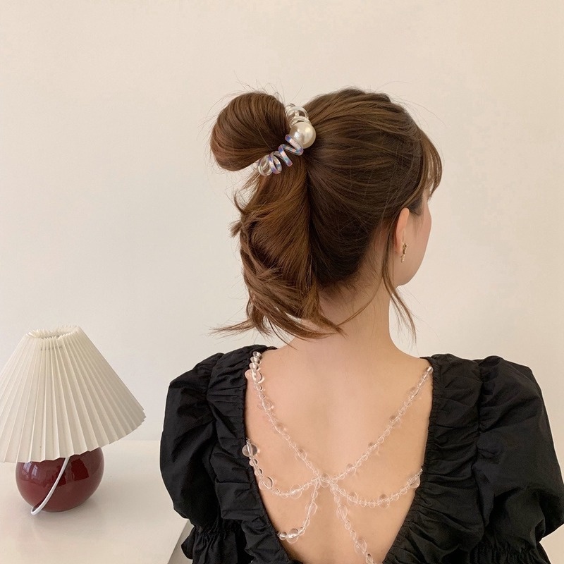 Ikat Rambut Model Kabel Telepon Aksen Mutiara Besar Warna Permen Gaya Korea Untuk Wanita