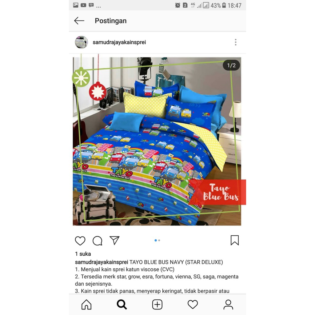 Vhepra Sprei Katun Motif Tayo Blue Bus Navy