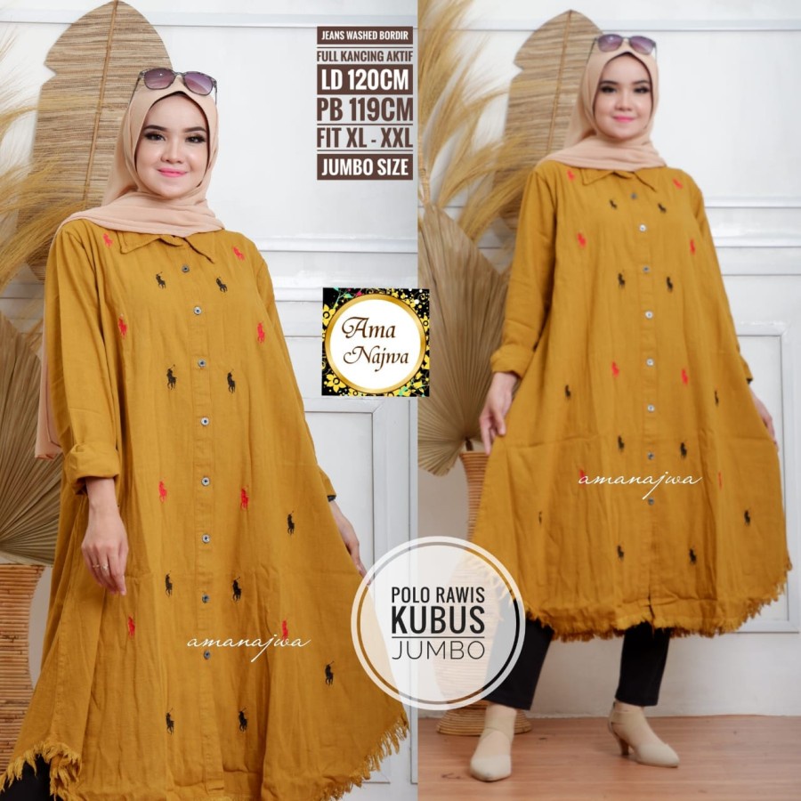 LD 120 Atasan Tunik Jeans Washed Bordir Ori POLO RAWIS JUMBO TUNIK BR