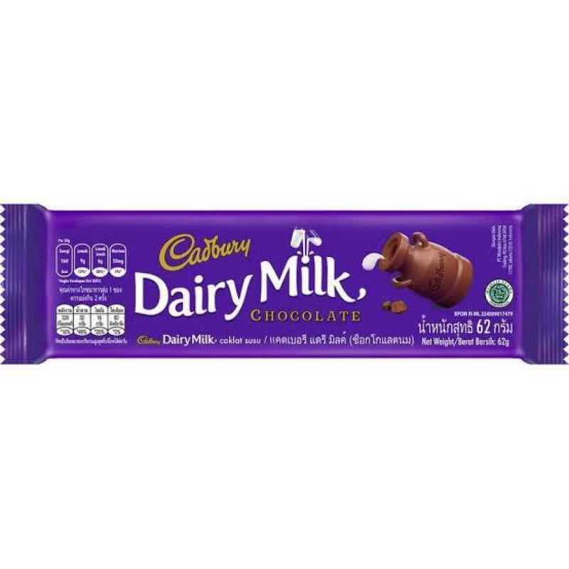 

coklat Cadbury dairy milk 62 gram (ukuran sedang)