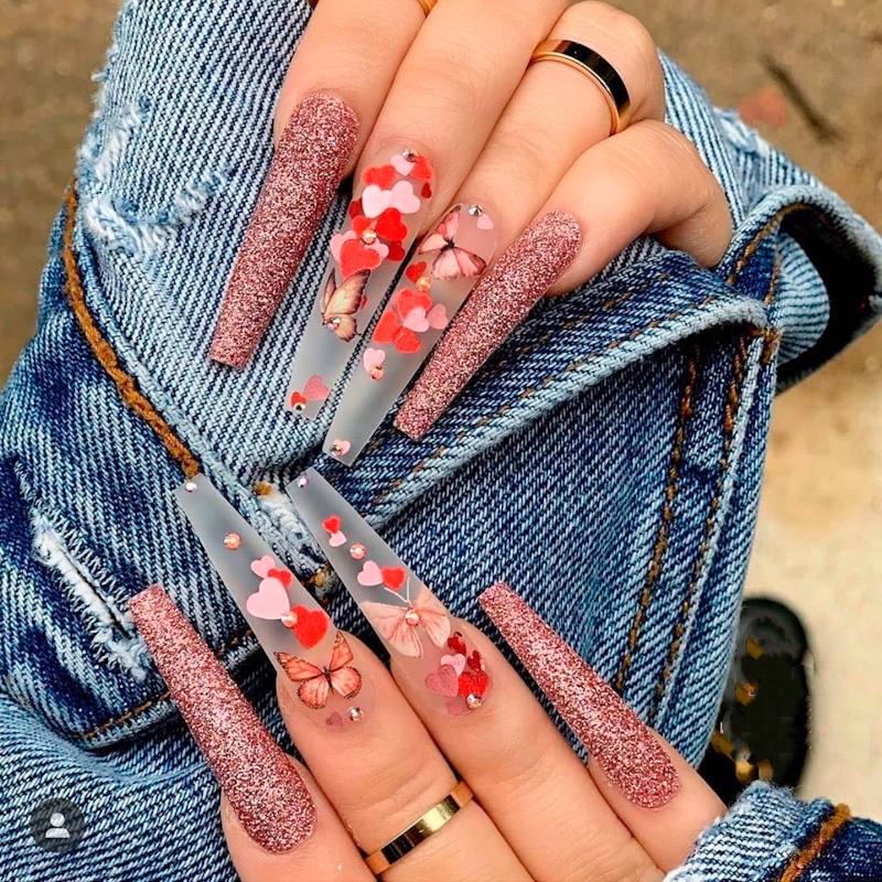 Tahan Air Transfer Air Nail Art Aksesoris 3D Kotak DIY Hari Valentine Merah Retro Hati Cinta Payet Bibir Kupu-Kupu Stiker Kuku