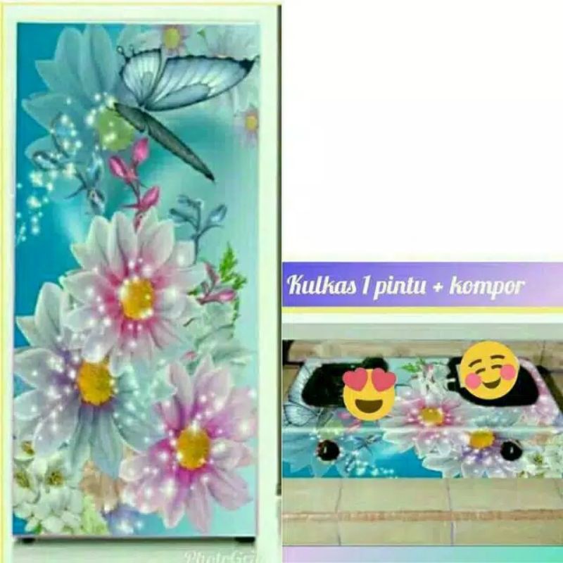 Stiker kulkas 1pintu dan kompor 2tungku motif KUPU WARNA BIRU TOSKA