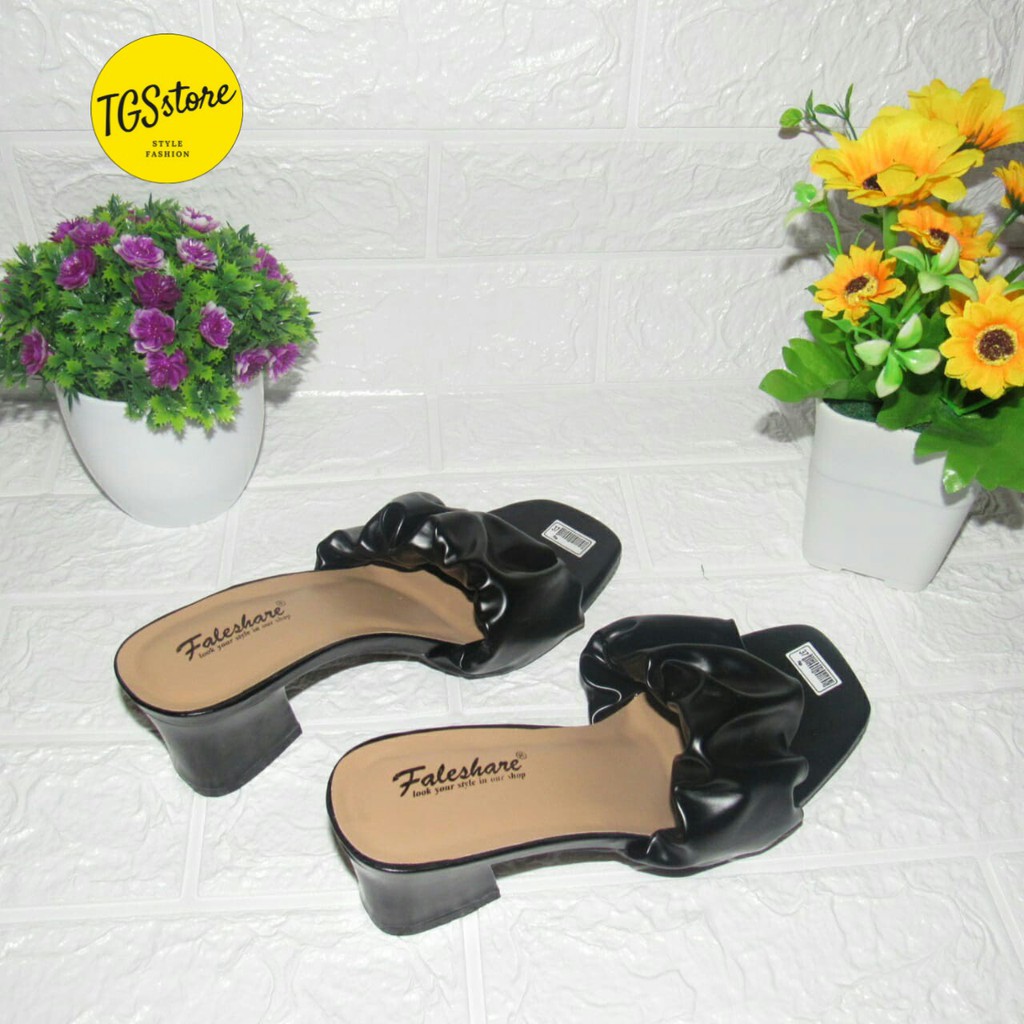 sandal heels hak wanita slop kerut