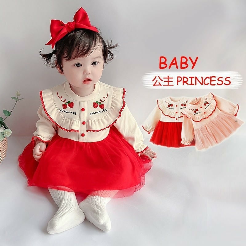 Promo !! Dress import baby cute / dress four strawberry pink renda ukuran 6bulan-2tahun / Dress anak perempuan