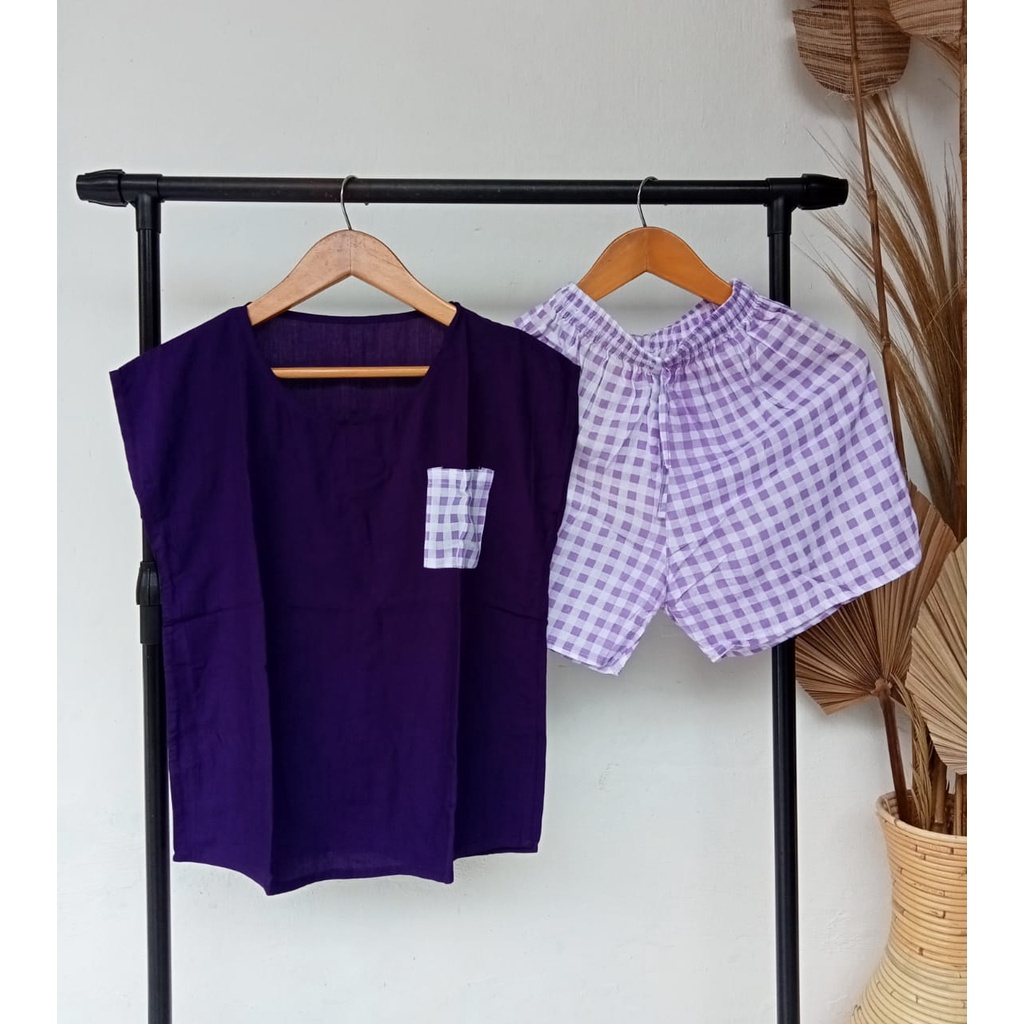 BAJU WANITA/ PAKAIAN PIYAMA  MOTIF SALUR GRADASI WARNA-UNGU MOTIF KOTAK